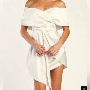 Lulus Ivory Satin Off-The-Shoulder Mini Dress